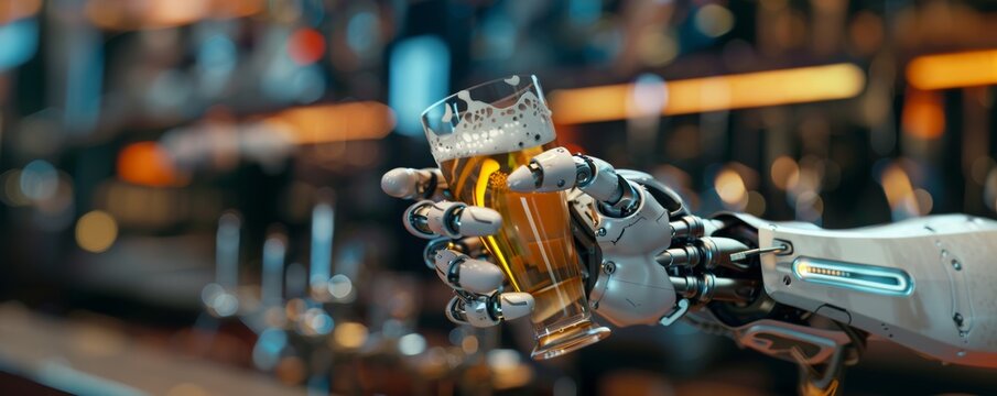Close up of robot hand holding glass of beer. Ai generative art