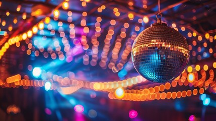 Close-up of a disco ball with colorful bokeh lights.