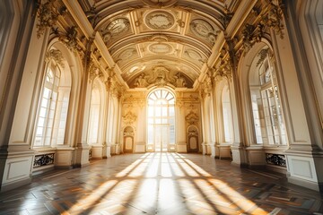 Obraz premium Radiant Luxury Awaits in This Empty Castle Hall Shot with Soft Shadows and Professional Color Grading