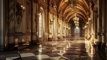 Twilight in a Luxurious Castle Interior: An Empty Hall Bathed in Ambient Light