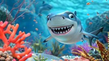 Cheerful Baby Shark Cartoon Explores Vibrant 3D Rendered Coral Reefs