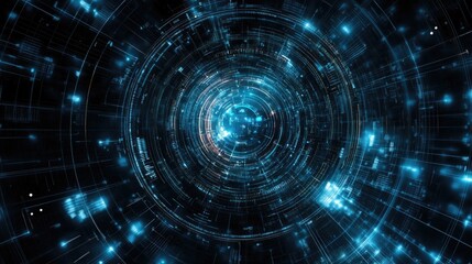 Fototapeta premium Futuristic digital tunnel with blue lights and binary code elements representing technology, data transfer, and virtual reality.