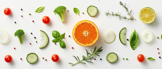Fresh assorted vegetables and fruits including orange, tomatoes, cucumber, herbs, and lime on a white background. Perfect for healthy lifestyle concepts.