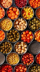 Various canned vegetables and fruits showcase bright colors and textures at a local market