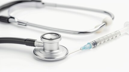 Closeup of a stethoscope and syringe isolated on a white background 
