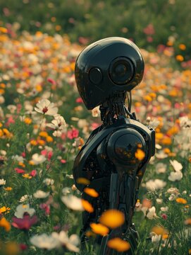 the robot stands in a field of flowers. AI technologies in the modern world of the future. android and nature