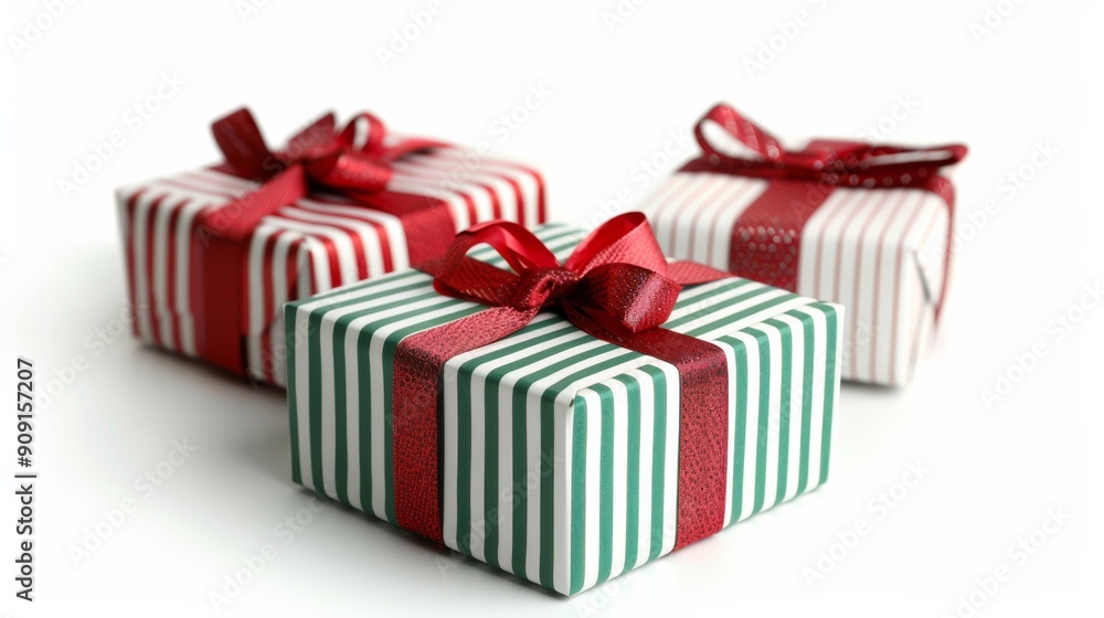 Poster Closeup of Christmas gift boxes wrapped in festive paper and bows on a white background 