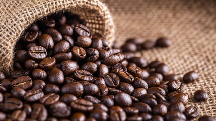 Fototapeta premium Closeup of coffee beans spilling from a burlap sack, rich brown tones and rustic texture 