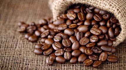 Fototapeta premium Closeup of coffee beans spilling from a burlap sack, rich brown tones and rustic texture 