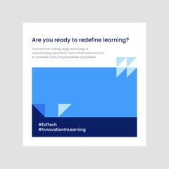 Modern educational technology promotion poster with blue geometric design and motivational text