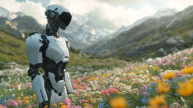the robot stands in a field of flowers. AI technologies in the modern world of the future. android and nature