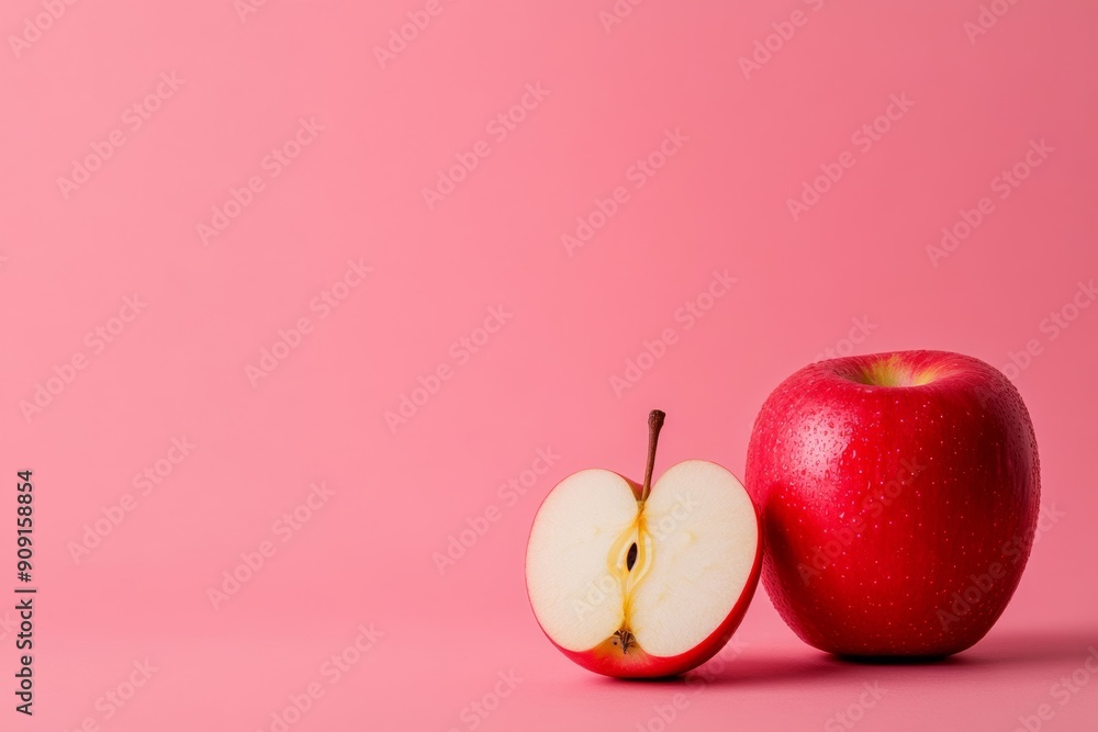 Poster honey-dripped apple slice next to a rams horn shofar symbolizing rosh hashanah isolated on a gradien