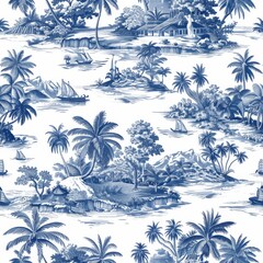 Blue and white tropical island illustration with palm trees, boats, huts, and serene landscapes. Perfect for wallpaper or fabric design.