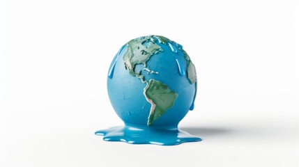 Melting Earth globe, dripping water, isolated on white background, representing global warming 