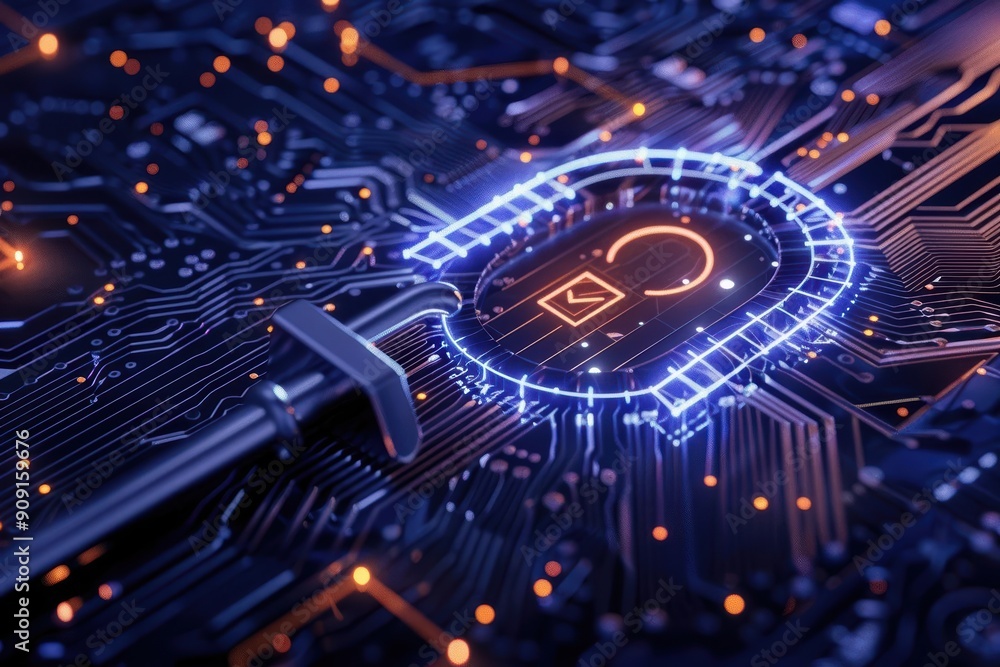 Poster high-tech digital lock symbolizing cybersecurity with glowing circuits and modern technology.