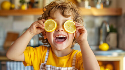 Cheerful child in yellow shirt holding lemon slices over eyes in a bright kitchen. Fun and playful moment with fresh citrus fruits.