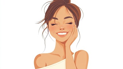 Fototapeta premium Smiling cartoon woman touching her cheek, highlighting her beautiful skin. White background, perfect for ads