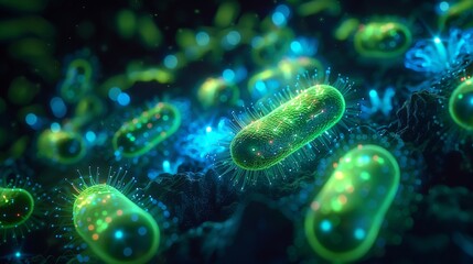 Close-up of glowing bacteria cells with vibrant green and blue colors, representing microbiology and scientific study of microorganisms.