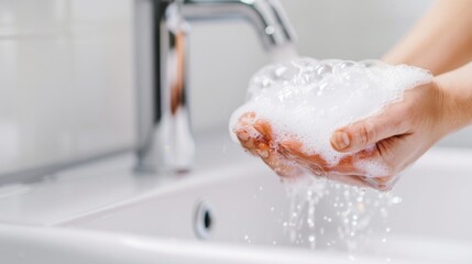 Fototapeta premium Person washing hands with soap under running water, with soap bubbles and a clean sink, on a white background 
