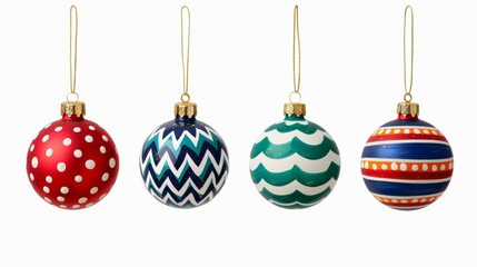 Set of 1960s-style Christmas decorations with psychedelic patterns and vibrant colors isolated on a white background 