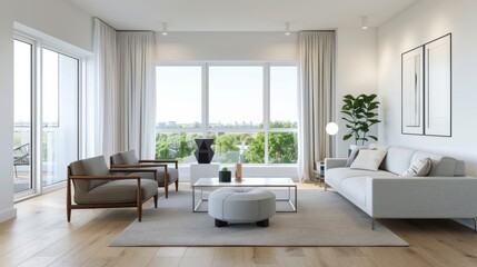 Spacious living room with hardwood floors, stylish furniture, and large windows showing a beautiful view, with a cozy atmosphere 