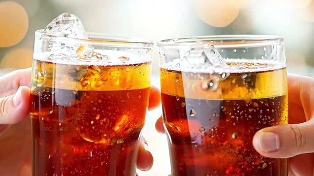 A man and a woman are hand-giving cola glasses.A glass of cola, iced soft drinks, a friend or sweetheart