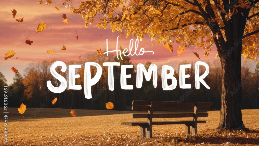 Poster a bench with a tree in the background and text saying hello september, ai