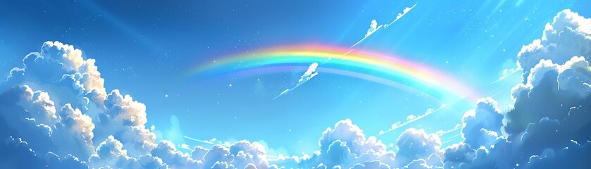Naklejka premium Beautiful bright rainbow arching across a clear blue sky with fluffy white clouds and light rays, symbolizing hope and beauty in nature.