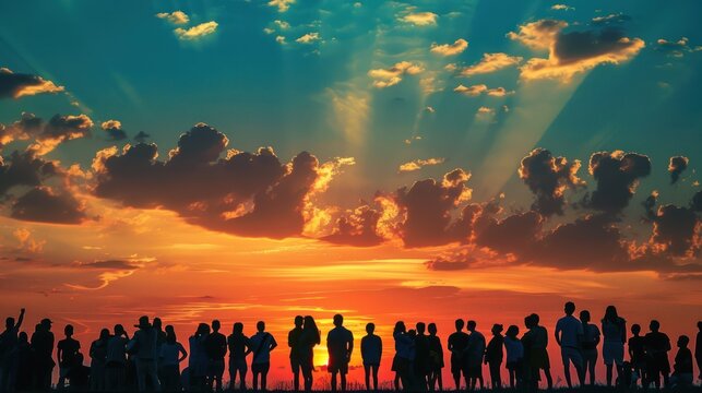 Silhouette of a crowd against a sunset.