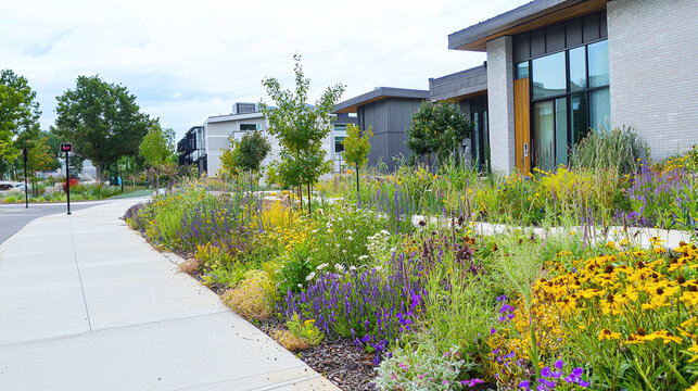 a modern urban streetscape featuring rain gardens and bioswales along the sidewalks, designed to manage stormwater runoff