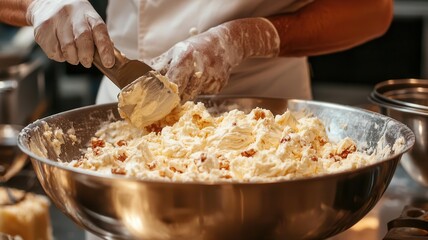 Chef mixing batter in a large bowl for a cake, Pastry chef, thorough and diligent