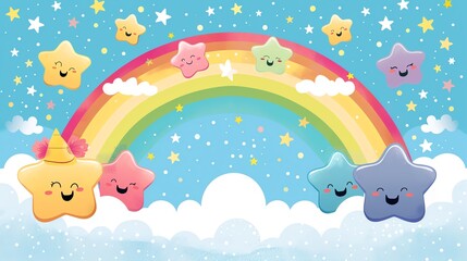 Colorful cartoon rainbow surrounded by smiling stars and clouds on a vibrant blue sky background, perfect for kids' designs.