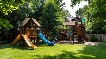 Outdoor play equipment in big backyard