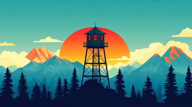 Digital illustration of a watchtower against a vibrant sunset with mountains and pine trees in silhouette.