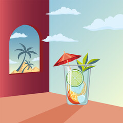Tropical cocktail. Glass of alcohol or nonalcohol cocktail with orange and lime slices, and red decorative umbrella stands in front of the Exotic Country landscape view. Vector flat illustration.