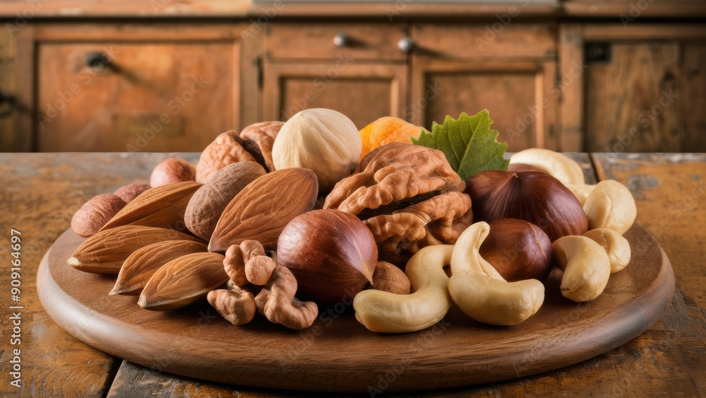 Poster A plate of nuts and other fruits on a wooden table, AI