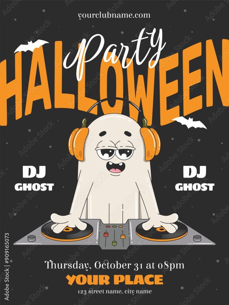 Wall mural Halloween party invitation in retro groovy style. Funky ghost character as a DJ with pumpkin headphones. Halloween party flyer layout for advertising, web, social media.