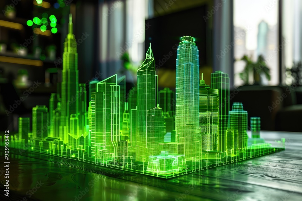 Poster a futuristic digital rendering of a green glowing city model displayed on a table, showcasing modern