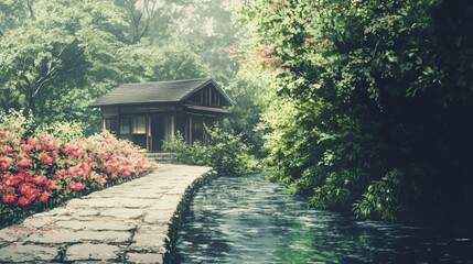 Quiet tea house by the river with a stone path leading to it surrounded by flowering bushes and a gentle stream flowing by illustrated in serene peaceful colors anime style
