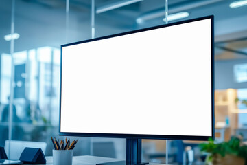 Mockup of a blank screen on a large computer monitor or interactive display for presentations and slide shows in a modern office.