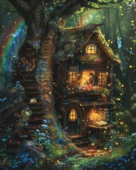 Obraz premium Enchanting treehouse in a magical forest with glowing lights, a rainbow, and fireflies creating a fairytale atmosphere.