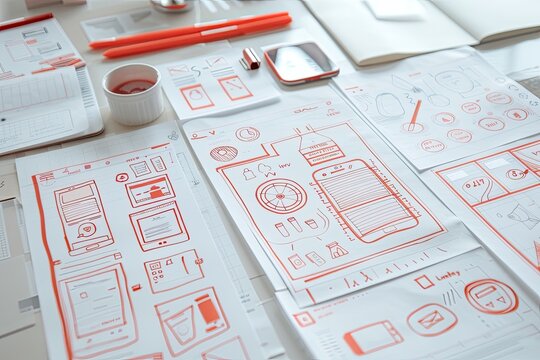 Desk filled with UX design sketches, wireframes, and prototyping tools, showcasing the early stages of mobile application development. - Powered by Adobe
