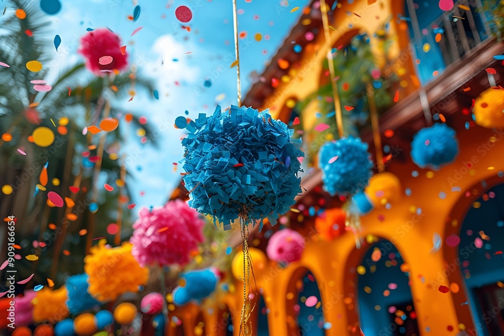 Poster pom poms from strings in front of a building.