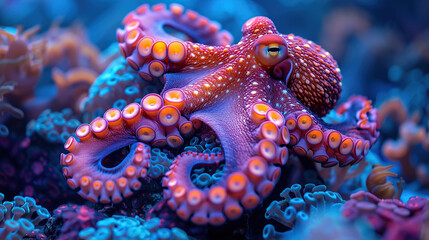 A purple octopus with yellow spots on its tentacles, sitting in the blue corals, close-up shot. The background is colorful coral reefs, creating an underwater scene. Generative AI