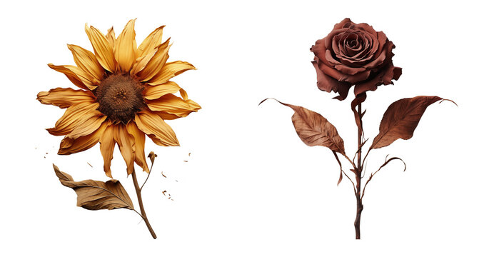 Set of decorative pressed and dried rose and sunflower. Floral ornament elements.