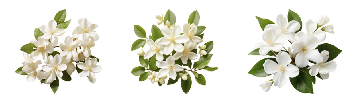 Set of beautiful jasmine/Mogra flowers. Cutouts isolated on a transparent background.