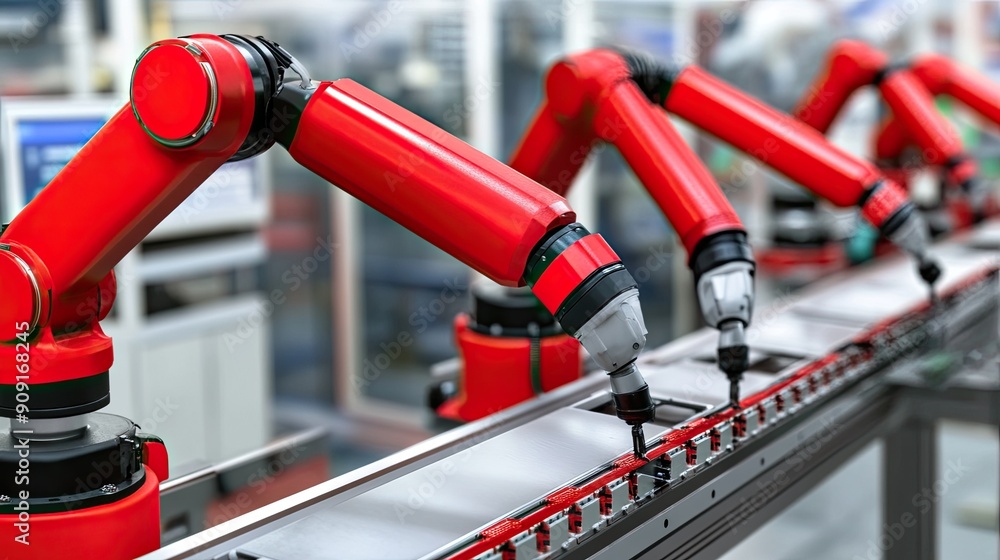 Poster close-up view of red robotic arms in a modern manufacturing facility, showcasing automation technolo