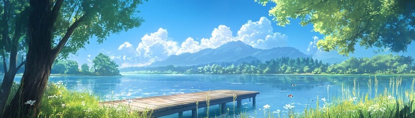 Fototapeta premium Serene lakeside scene with a wooden pier extending into the clear water koi fish swimming near the surface and distant mountains reflected in the lake depicted in calming blues and greens anime