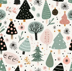 Festive Christmas Tree Pattern With Colorful Decor and Stars on White Background