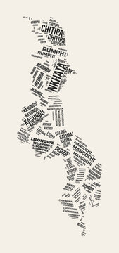 Malawi Word Cloud. Country with regions division. Malawi typographic text clouds vector image design. Vintage gazette style country shape image. Modern vector illustration.